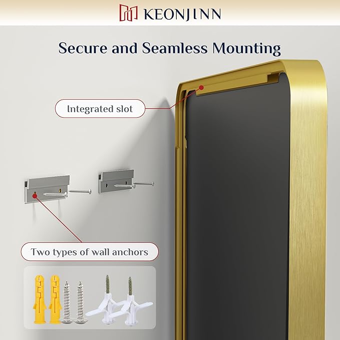 Keonjinn Gold Bathroom Mirrors for Over Sink 48” x 24” Large Brushed Brass Metal Framed Wall Mirror, Rounded Rectangle Bathroom Vanity Mirror, HD Tempered Glass Full Body Mirror(Horizontal/Vertical)