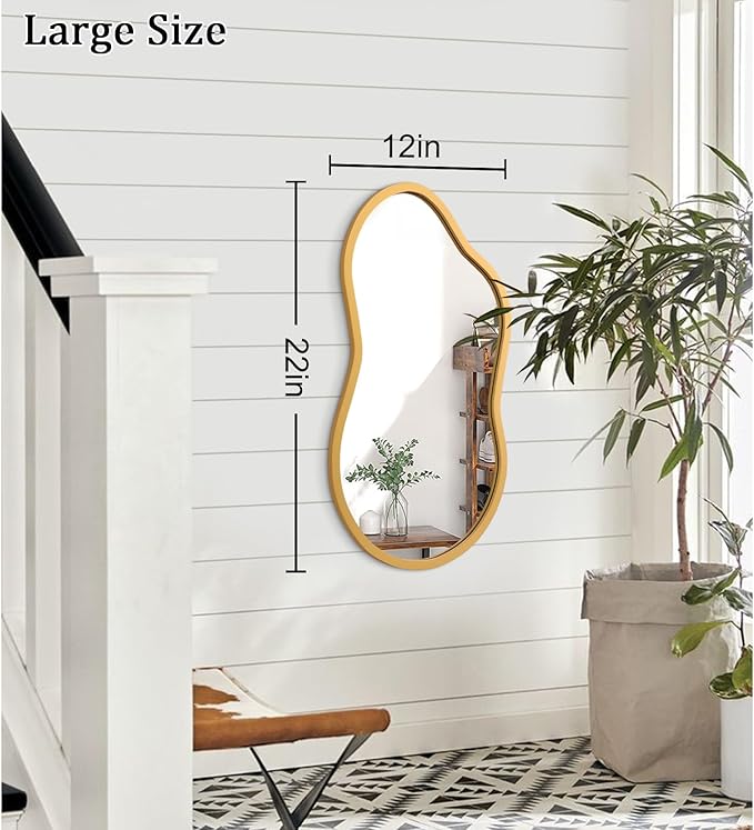 AAZZKANG Large Wall Mirror with Wood Framed 22"x12" Gold Irregular Hanging Mirrors Asymmetrical for Bathroom Bedroom Living Room Entryway