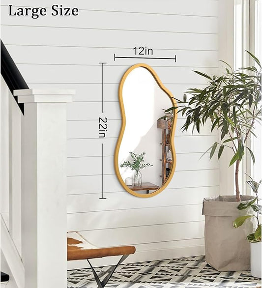 AAZZKANG Large Wall Mirror with Wood Framed 22"x12" Gold Irregular Hanging Mirrors Asymmetrical for Bathroom Bedroom Living Room Entryway