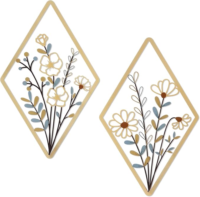 PullCrease 2 Pcs Metal Wall Art, Metal Flower Wall Decor, Modern Floral Art for Living Room, Bedroom, Bathroom, Rustic Farmhouse Decor, Sculpture Kitchen Decoration (Boho)