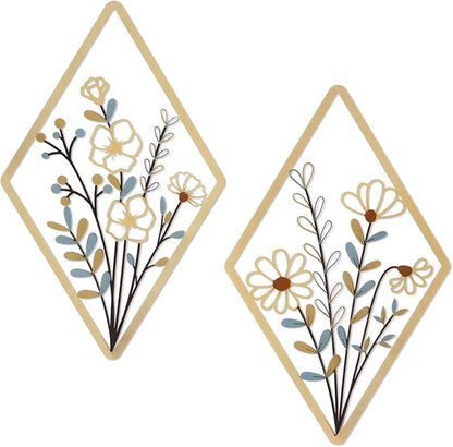 PullCrease 2 Pcs Metal Wall Art, Metal Flower Wall Decor, Modern Floral Art for Living Room, Bedroom, Bathroom, Rustic Farmhouse Decor, Sculpture Kitchen Decoration (Boho)