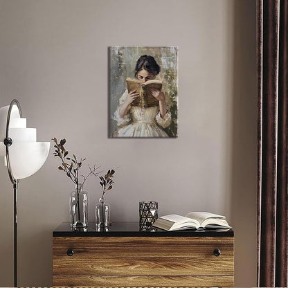 Vintage Victorian Woman Reading Book Wall Art Light Academia Wall Decor Paintings Picture Moody Girl Aesthetic Poster Canvas Print for Bedroom Living Room Dorm Library Nook 12x16Inch Framed