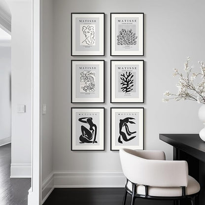 Framed Matisse Wall Art for Living Room, Set of 6 Modern Black and White Minimalist Botanical Body Line Prints for Walls, Abstract Aesthetic Pictures for Bedroom, Bathroom, Dining Room Decor, 11x14