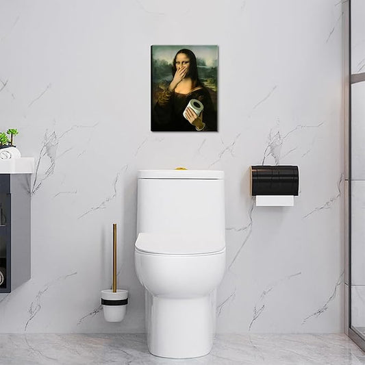 Funny Mona Lisa Canvas Wall Art for Bathroom Decor, Vintage Humor Amusing Toilet Art, Mona Lisa Classical Painting Picture, Whimsical Poster Print Bathroom Wall Decor for Home Decoration 12x16 inch