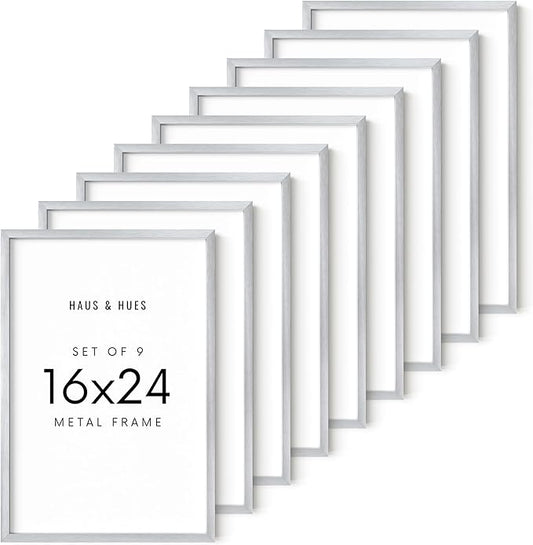 HAUS AND HUES 16x24 Silver Metal Picture Frames - Premium Aluminum with Vertical & Horizontal Hanging, Shatterproof Plexiglass - Perfect for Home or Office (16x24 in, Silver, Set of 9)