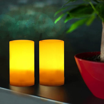 CANDLE CHOICE Outdoor Battery Operated Flameless Candles with Remote Timer Waterproof Flickering Plastic Electric LED Pillar Lights for Lantern Patio Garden Wedding Party Decorations D3”xH5” 2 PCS
