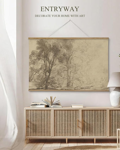 ARPEOTCY Extra Large Vintage Framed Wall Art, 36x54 Inch Two Sketch Trees Landscape Hanging Canvas Prints, Scroll Wall Art Decor for Living Room Bedroom, Retro Scenery Pictures Above of Bed