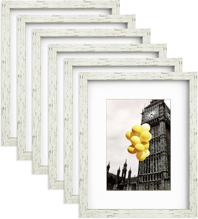 8x10 Picture Frame Set with Mat for Wall Collage - 6 pcs Distressed White Farmhouse Photo Frames for Hanging Wall or Tabletop Decor