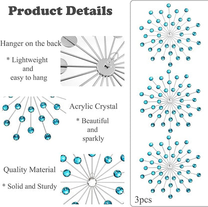 DXYAKY Set of 3 Blue Metal Starburst Wall Art Decor, Rhinestone Crystal Home Decor Accents, 9.8 Inch Decorative Wall Hanging Diamond, Jeweled Sparkle Wall Sculptures for Living Room Bedroom