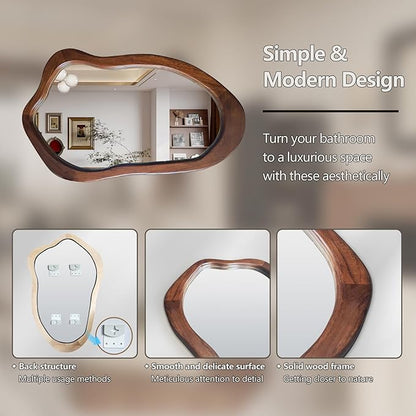 Irregular Wall Mirror 40"x24", Walnut Asymmetrical Mirror, Wood Bathroom Mirrors Wall Mounted, Wall Mirrors Decorative for Living Room, Bedroom, Bathroom, Hallway, Entryway