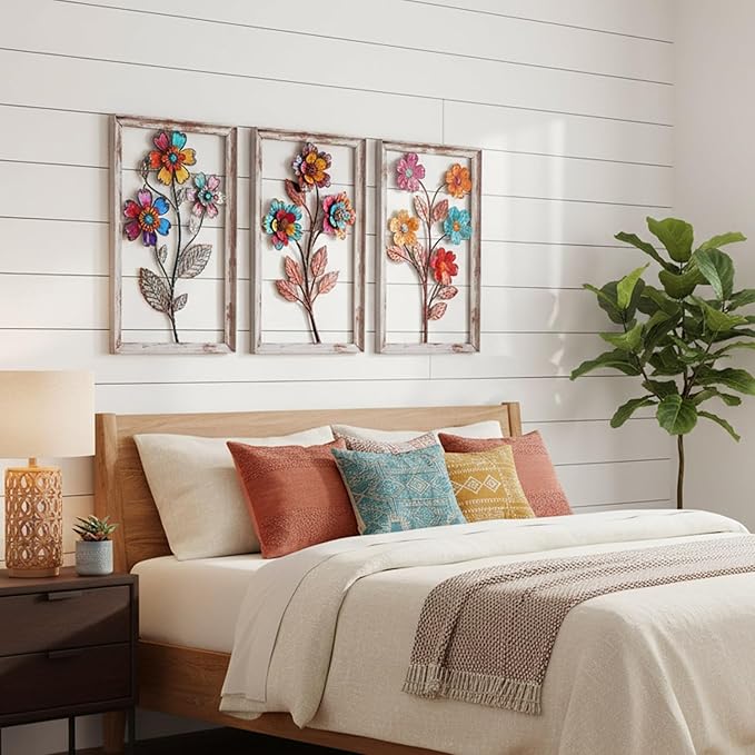 3 Pieces Metal Flowers Wall Art, 3D Boho Flower Wall Decor, Rustic Flower Wall Decor Boho Floral Bathroom Decor Metal Wall Art for Living room,Bedroom,Bathroom and Dining Room, Housewarming Gift
