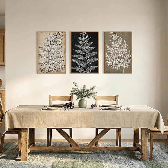 KAIRNE Vintage Botanical Framed Canvas Wall Art Set, Retro Fern Leaf Wall Decor, Rustic Black Tan Art Prints, Modern Minimalist Leaves Artwork for Living Room,Bedroom,Farmhouse,Office-16 x24 x3