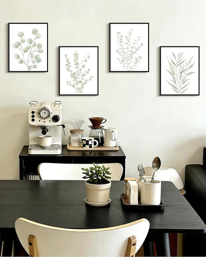 Drsoum Botanical Plant Framed Wall Art Boho Wall Decor for Bathroom Sage Green Eucalyptus Leaf Prints Minimalist Aesthetic Ready to Hang Set of 4, 11x14 in (Black Framed)