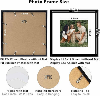 JCJMY 12 Pack 12x12 Picture Frame with 8x8 Mat, Display 8x8 with Mat or 12x12 Without Mat, 12 by 12 Frames Bulk Set of 12 Collage Gallery Wall Decor Photo Frames Set for Wall, Black