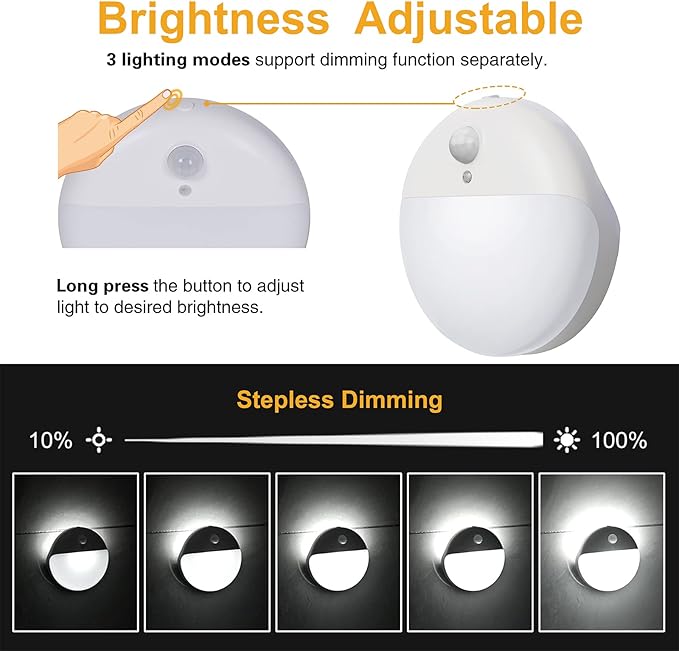 YUNLEX 6 Pack Battery Night Light, Toilet Lights, 2.6" Small Motion Senor Light, Stick on Lights, 3 Light Modes, Dimmable LED Nightlight for Closet, Stairs, Garage, Cabinet, Toliet, Daylight White