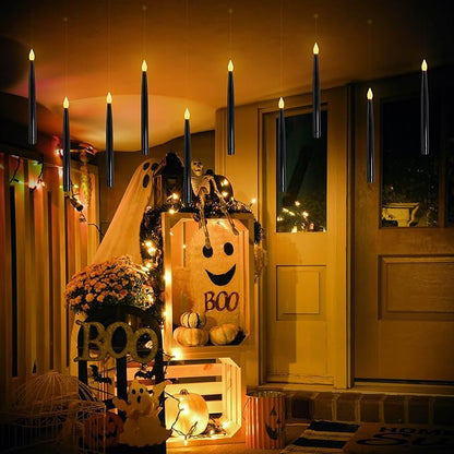 Leejec 10 Pcs of 10.8" Floating Candles, Magic Wand Remote with 6/18H Timer, Halloween Decorations, Hanging Flameless Taper Candles, Flickering Warm White LED, Home Decor, Witch Wizard Gift (Black)