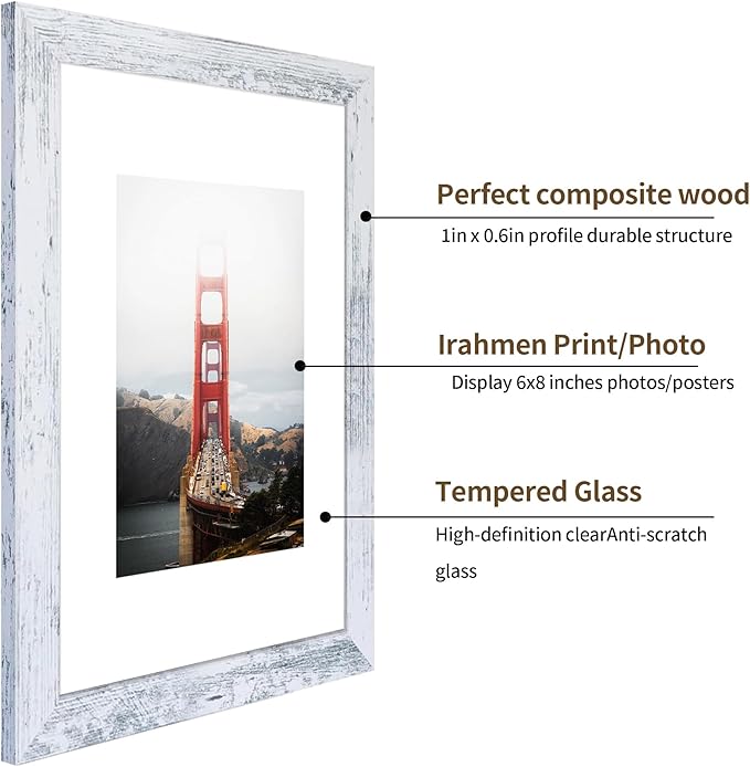 iRahmen 9x12 Picture Frame Set of 2, Distressed White Wood Photo Frames with Tempered Glass, Display Pictures 6x8 with Mat or 9 x 12 without Mat for Horizontal or Vertical Tabletop and Wall Mounting