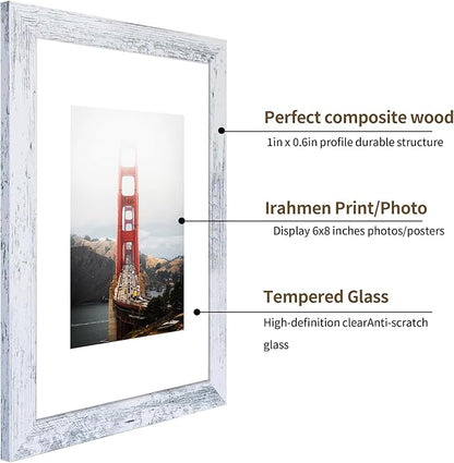iRahmen 9x12 Picture Frame Set of 2, Distressed White Wood Photo Frames with Tempered Glass, Display Pictures 6x8 with Mat or 9 x 12 without Mat for Horizontal or Vertical Tabletop and Wall Mounting