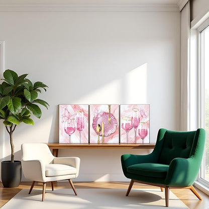 sechars 3 Pieces Set Kitchen Wall Decor Pink Wine Glass Wall Art Gold Utensils Canvas Prints Modern Dining Room Pictures (Pink)
