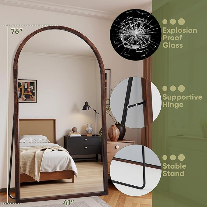 Suidia Full Length Mirror, Oversized Floor Mirror with Solid Wood Frame, Large Standing Mirror for Bedroom Living Room, Wood Antique Style, Dark Walnut, 76" L x 41" W