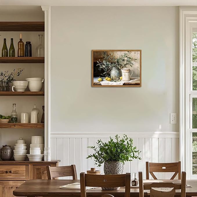 Framed Vintage Kitchen Wall Art, Rustic Yellow Lemon Still Life Pictures Wall Decor, Country Botanical Paintings Canvas Prints Farmhouse Home Decor for Dining Room Living Room 16x24 inch