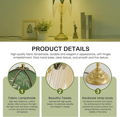WELAISA- Vintage Table Lamp with Beaded Tassels, Metal Base Farmhouse Decorative Table Lamp for Reading-B