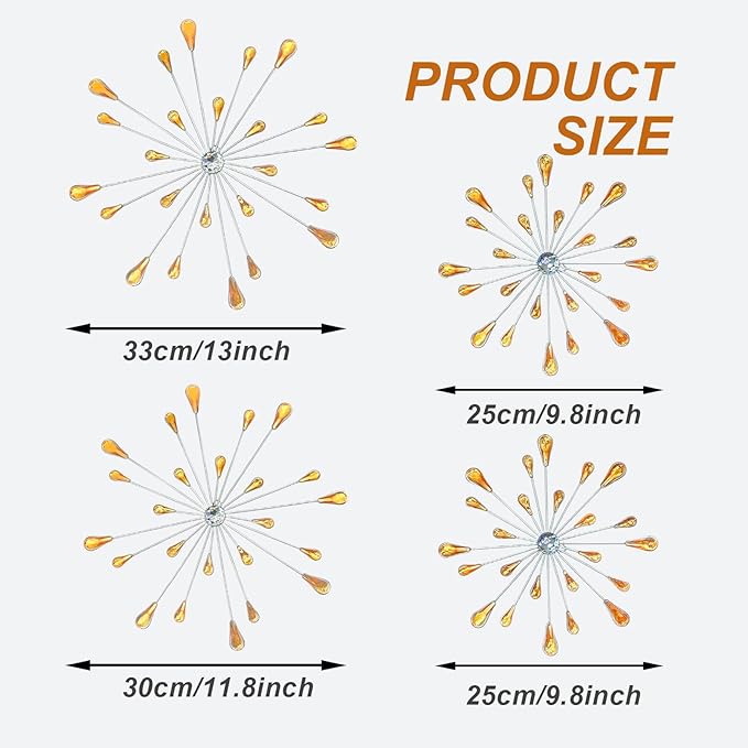 ZEXUIRU 4 Pcs Orange Starburst Wall Decor Metal Bling Wall Art Crystal Accents 3D Modern Decoration Glam Hanging Sculptures for Living Room Bedroom Office Teen Girl Room – Easy to Hang Home Decor Set