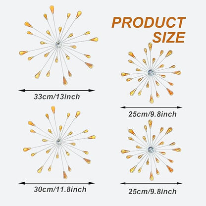 ZEXUIRU 4 Pcs Orange Starburst Wall Decor Metal Bling Wall Art Crystal Accents 3D Modern Decoration Glam Hanging Sculptures for Living Room Bedroom Office Teen Girl Room – Easy to Hang Home Decor Set