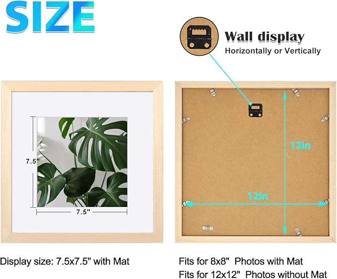 Egofine 12x12 Picture Frames Made of Solid Wood with Plexiglass, Display Pictures 8x8 with Mat or 12x12 Without Mat Set of 4 for Tabletop and Wall Mounting, Oak Wood