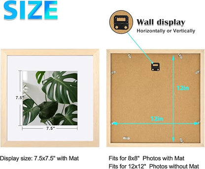 Egofine 12x12 Picture Frames Made of Solid Wood with Plexiglass, Display Pictures 8x8 with Mat or 12x12 Without Mat Set of 4 for Tabletop and Wall Mounting, Oak Wood
