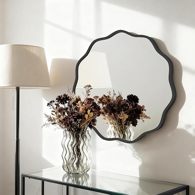 HOMECOOKIN 24" Wavy Round Wall Mirror, Black Scalloped Circle Mirror Edge Round with Metal Frame, Modern Decorative Hanging/Leaning Mirrors for Bathroom, Hotels, Hallway, Entryway, Vanity, Office