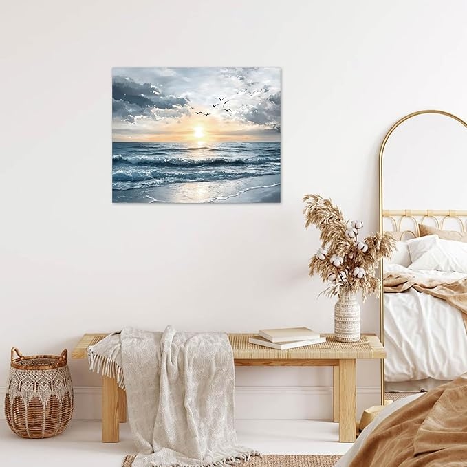 LB Ocean Sunset Coastal Wall Art Seagull Beach Landscape Canvas Wall Art Nature Seascape Pictures Wall Decor for Bedroom Bathroom Living Room Framed Artwork Ready to Hang 12L x 16W