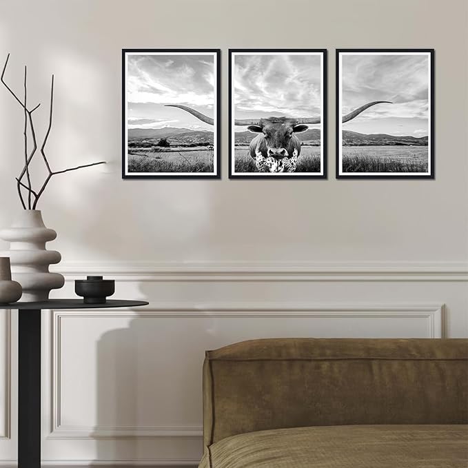 Longhorn Cow Black Framed Canvas Wall Art Black and White Highland Cow Poster Vintage Farmhouse Animal Rustic Art Wall Decor for Country House Apartment Living Room Decor Easy to Hand 12x16inchx3pcs