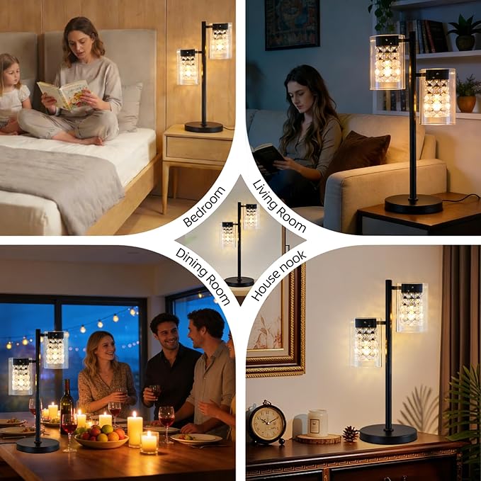 Crystal Table lamp-Modern Black Lamps for Living Room,Plug in Bedside Lamps with Switch,Elegant Desk lamp for Room Decor,Bedroom,Dining Room,23" Tall