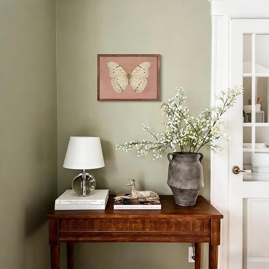 Vintage Butterfly Canvas Wall Art, Pink Butterfly Wall Decor Pictures, Antique White Moth Prints Paintings Neutral Insect Room Decor Aesthetic for Bedroom Bathroom Office 12x16 Inch Wood Frame