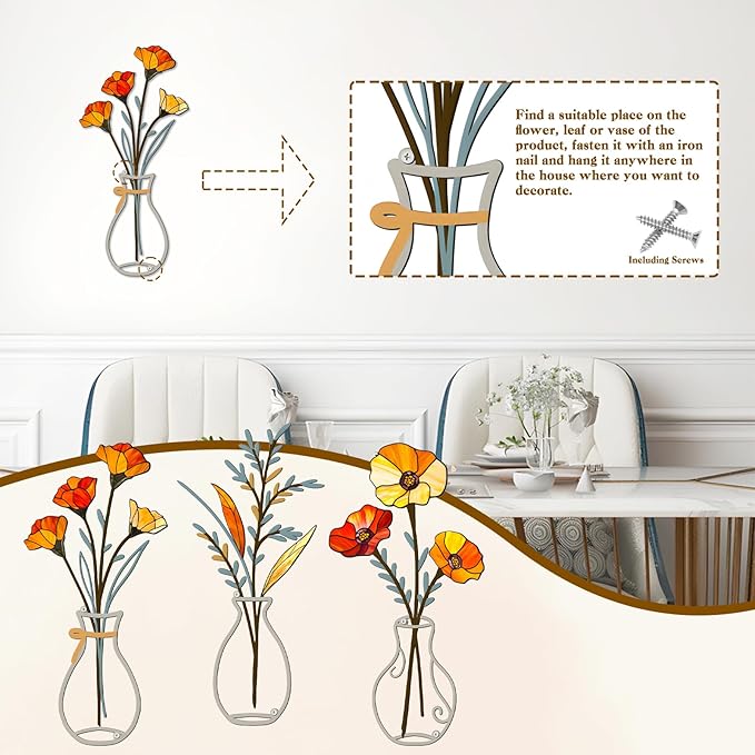 Tumwisk 3 Pieces Metal Flowers Wall Arts - Minimalist Orange Flower Wall Decor for Rustic Farmhouse Kitchen Bedroom Living Room Vintage Decorative Floral Art Housewarming Gifts