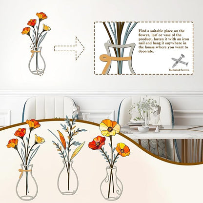 Tumwisk 3 Pieces Metal Flowers Wall Arts - Minimalist Orange Flower Wall Decor for Rustic Farmhouse Kitchen Bedroom Living Room Vintage Decorative Floral Art Housewarming Gifts
