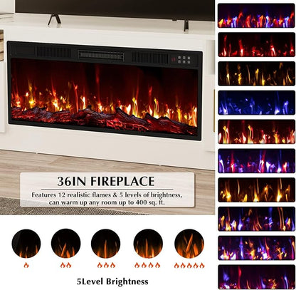 Lemberi Fireplace TV Stand with 36" Electric Fireplace, Fits TVs Up to 80", 70" LED Lit Entertainment Center, Modern High Gloss Wood with Spacious Storage Cabinet for Living Room, White