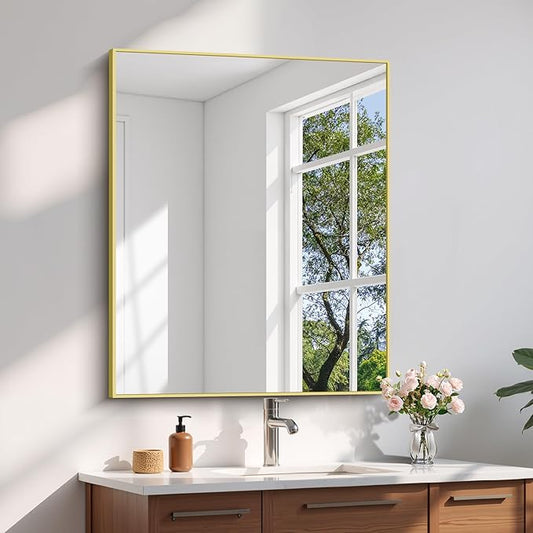 YIROMAN Bathroom Mirror 30"x36", Brushed Gold Bathroom Mirror for Over Sink with Aluminum Frame, Rectangular Vanity Mirror with Right Angle, Wall Mirror Hangs Horizontal or Vertical, Shatterproof