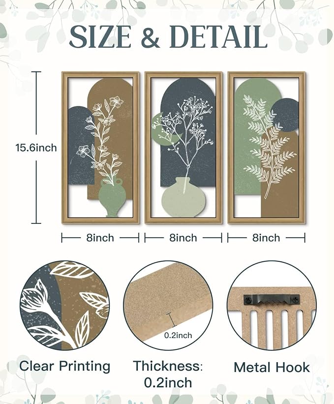 Putuo Decor Botanical Wall Decor Set of 3,Boho Plant Wall Art, Green Bohemian Abstract Wall Decor, Modern Neutral Wooden Frame Decor for Living Room Bedroom Office