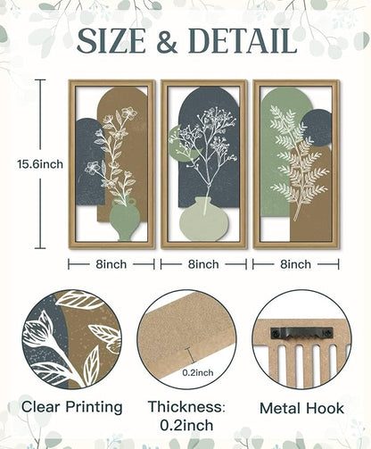 Putuo Decor Botanical Wall Decor Set of 3,Boho Plant Wall Art, Green Bohemian Abstract Wall Decor, Modern Neutral Wooden Frame Decor for Living Room Bedroom Office