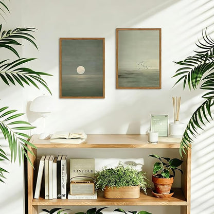 Framed Sage Green Japanese Canvas Wall Art Set of 2, Minimalist Moon and Birds Pictures Wall Decor, Neutral Landscape Artwork Paintings Prints Zen Home Decor for Living Room Bedroom Office 16x24 Inch