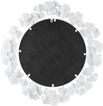 Martha Stewart Wall Décor Large Gingko Leaf Round Wall Mirror for Living Room, Iron Metal Plate Frame Antique Finish, Ready to Hang Bedroom Decoration, Eden, 30.5", White