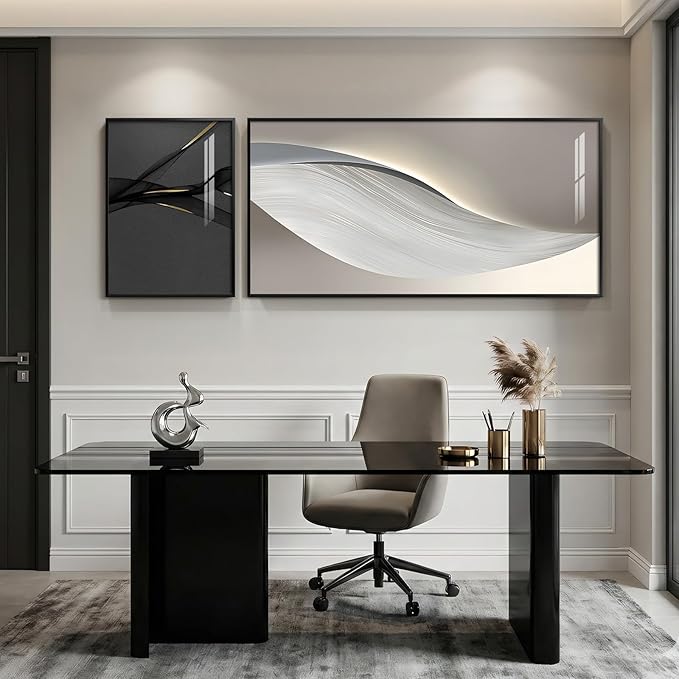 Extra Large Framed Modern Abstract Wall Art for Living Room, Set of 2 Long Horizontal Prints Paintings, Minimalist Black White and Silver Gray Pictures for Hallway Bedroom Dining Room Office Wall Decor