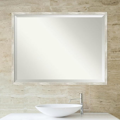 Amanti Art Silver Bathroom Mirror for Over Sink, 32x42 Crackled Metallic Narrow Rectangle Vanity Mirror, X-Large Casual Frame, Hangs Horizonally and Vertically, Bathroom Wall Decor, Beveled Edge