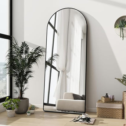 Degfig Arched Full Length Mirror, 64"X21" Floor Length Mirror with Aluminum Alloy Frame, Full Body Mirrors with Stand, Hanging or Leaning Mirrors for Living Room, Bedroom, Black,Round Corner