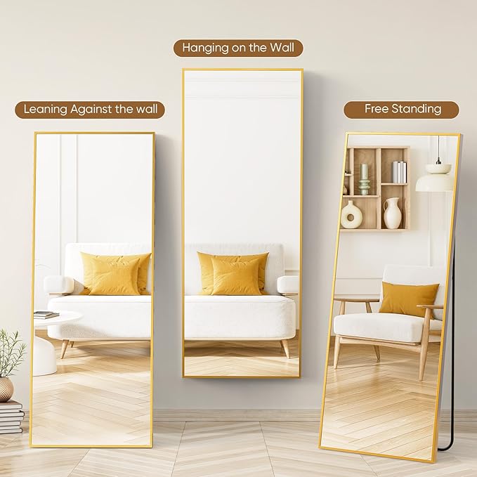 Sweetcrispy 71"x26" Full Length Mirror, Full Body Mirror with Aluminum Alloy Thin Frame, Leaning or Standing, Suitable for Bedroom, Livingroom, Cloakroom, Gold