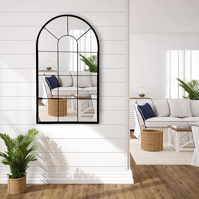 HQiJun Wall Mirror Window Decorative Mirrors Arched Farmhouse for Living Room Bedroom Entryway Bathroom Vanity (Black,41.3”x 24” x1”)