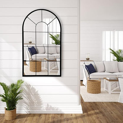 HQiJun Wall Mirror Window Decorative Mirrors Arched Farmhouse for Living Room Bedroom Entryway Bathroom Vanity (Black,41.3”x 24” x1”)