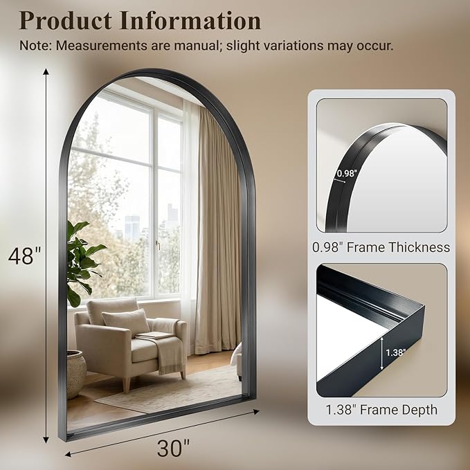 Arched Bathroom Mirror, 30"x48" Black Frame Mirror for Wall Mounted, Bathroom Vanity Mirror with HD Tempered Glass, Bedroom, Living Room, Entry Way, Vanity, Restroom